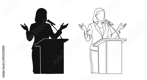 Woman giving a presentation at a podium shown in silhouette and outline