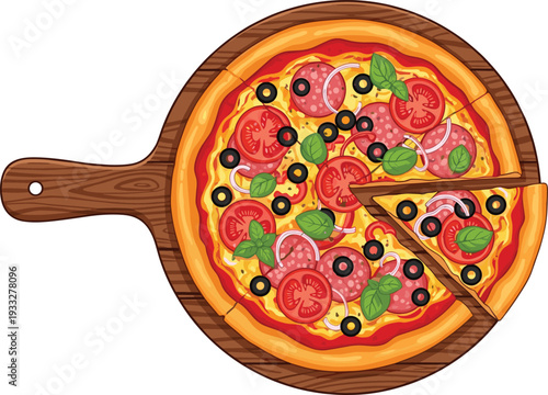 Delicious Pepperoni Pizza on Wooden Board Top View Cartoon Vector Illustration