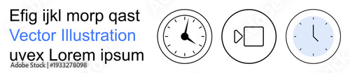Time management, multimedia, scheduling, workflow organization, visual communication, graphic design. Clock and video camera symbols in a clean layout. Time management and multimedia process concept