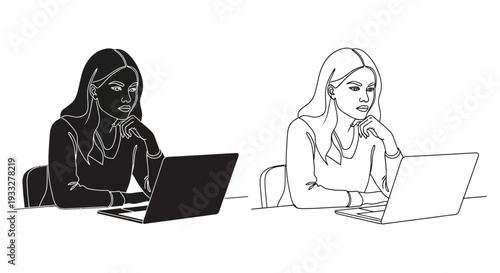 Two women using laptops in a minimalist single line drawing style