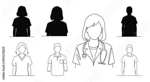Black and white line art depicting diverse human figures and medical staff