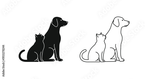Black and white illustrations of a cat and dog sitting side by side