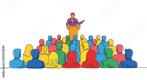A speaker presenting to a diverse audience in a minimalist line art style