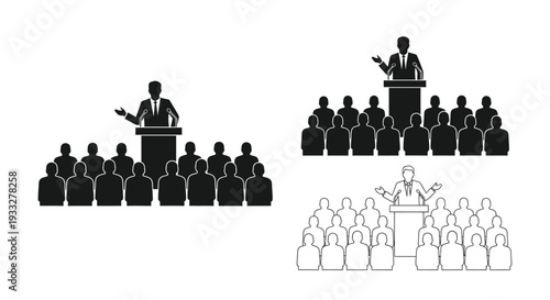 Speaker addressing a crowd black silhouette and white outline versions