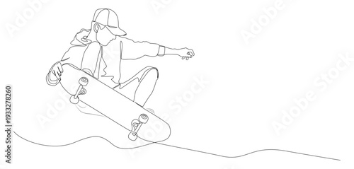 A minimalist, continuous single line drawing of a skateboarder performing aerial tricks while riding a skateboard. Ideal for sports branding, apparel graphics, posters, etc.