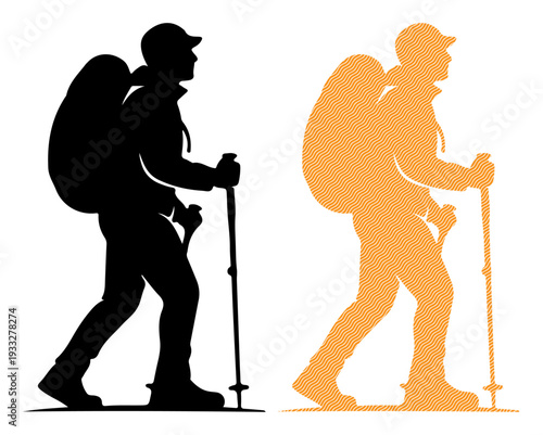 Silhouette of a hiker with a backpack and trekking poles walking forward.