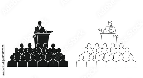 Speaker addressing a large audience shown in two contrasting styles
