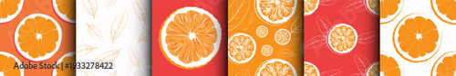 Orange Fruit Seamless Patterns Set: Citrus Slices and Leaves on Vibrant Backgrounds for Summer Design and Packaging