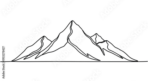 Minimalist line drawing depicts a rugged mountain range landscape