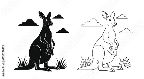 Two kangaroo illustrations one black one white with joeys and clouds