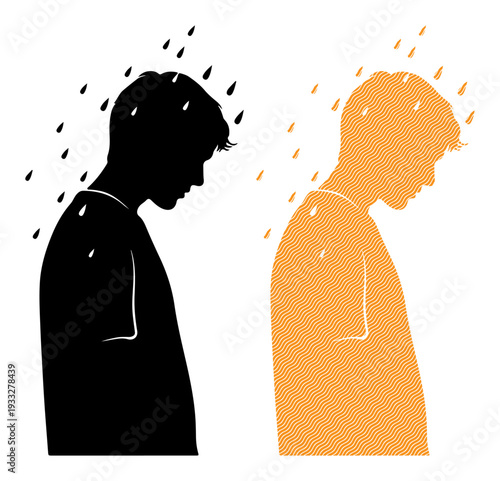 A young person experiences sadness and despair, represented by falling raindrops.