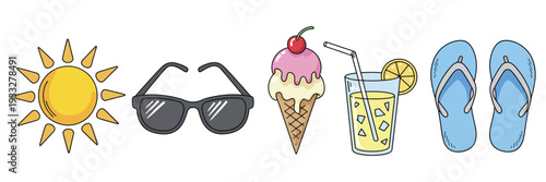 Vibrant Summer Holiday Essentials Collection Featuring Sun, Sunglasses, Ice Cream, Lemonade and Flip Flops, Colorful Seasonal Vector Elements for Warm Weather Design