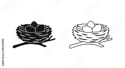 Two black and white depictions of bird nests each containing eggs