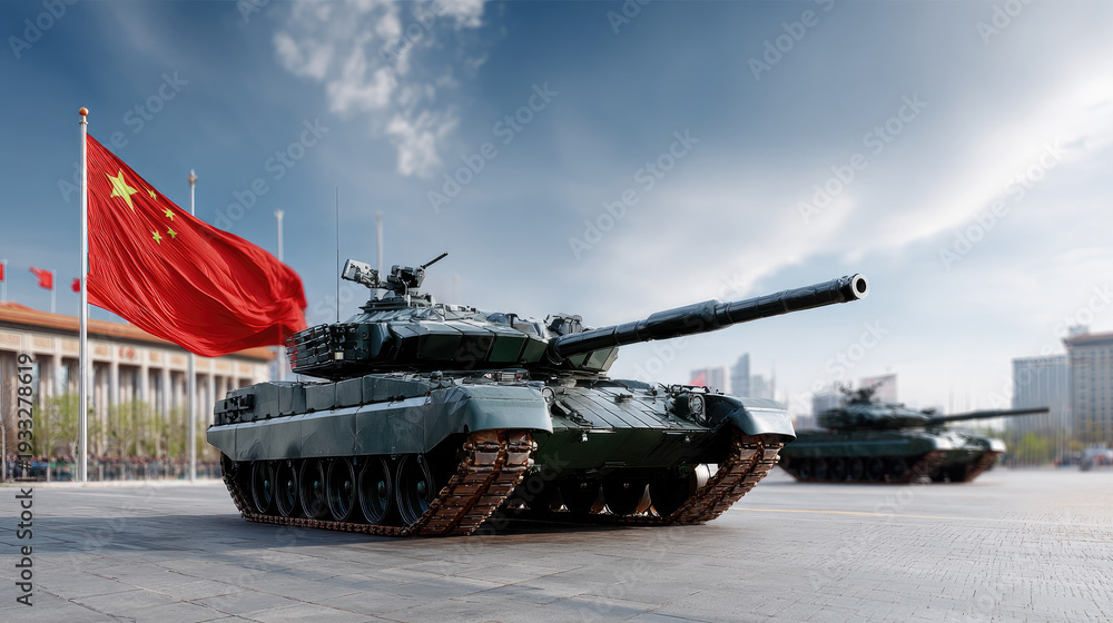 Fototapeta premium Chinese Battle Tank Against the National Flag – Symbol of Military Strength, Sovereignty, National Defense. Geopolitical tension. Copy space