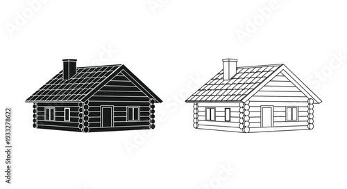 Two monochrome illustrations of rustic log cabins with gabled roofs