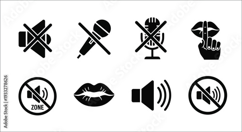 Collection of black and white icons representing sound silence and speaking