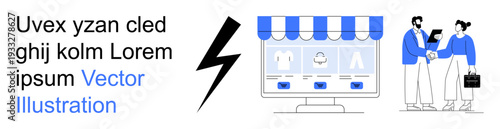 E-commerce, business relationships, online transactions, professional networking, retail shopping, digital marketing. Online store interface and handshake scene. E-commerce and business relationships