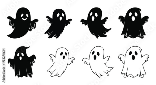 A collection of cartoon ghosts in black and white variations