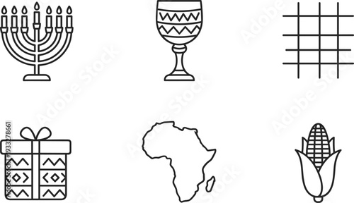 hanukkah, menorah, chalice, grid, gift, africa, corn, kwanzaa, holiday, culture, celebration, tradition, symbol, icon, set, outline, vector, heritage, festival, design