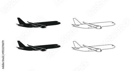 Four depictions of an airplane solid black outline and various angles