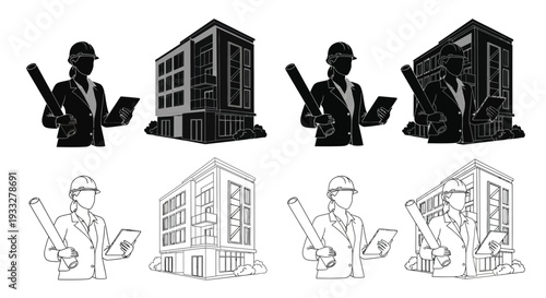Architects and building designs illustrated in black and white vector style