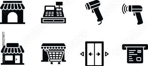 retail, shop, store, cashier, barcode, scanner, dryer, megaphone, cart, elevator, atm, icons, set, vector, business, shopping, service, market, payment, symbol
