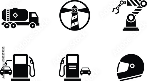 industrial, transport, safety, icon, set, tanker, truck, lighthouse, robot, arm, fuel, pump, helmet, vector, symbols, collection, black, silhouette, automotive, industry