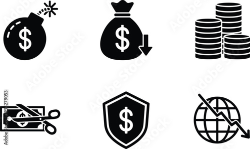 finance, crisis, money, loss, savings, bomb, coins, cut, budget, shield, protection, economy, decline, global, market, debt, risk, banking, icon, set