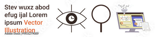 Cybersecurity, identity verification, data analysis, online security, information systems, digital privacy. Icons of an eye, magnifying glass and computer screen showing login details. Cybersecurity