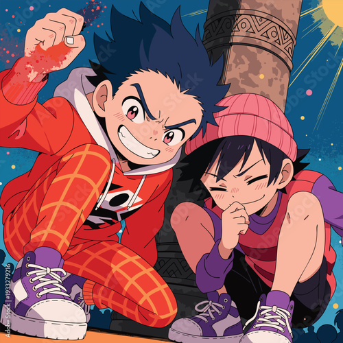 Vector illustration of two anime-style children