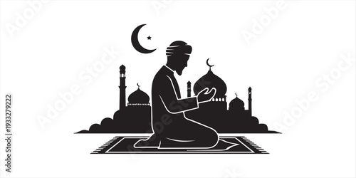 Muslim prayer silhouettes, men and women performing dua, namaz positions, islamic worship, religious devotion, ramadan faith, black silhouette illustration
