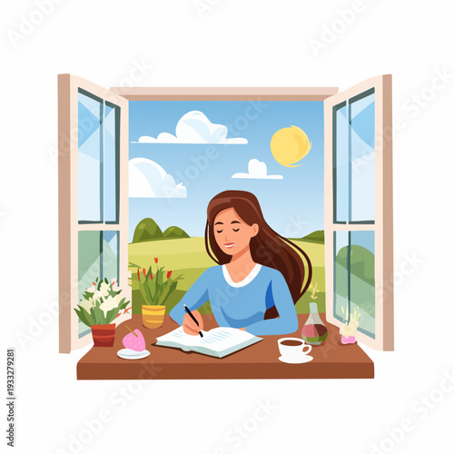 Journaling mindfully beside an open window, capturing reflective thoughts during a peaceful spring Easter retreat.