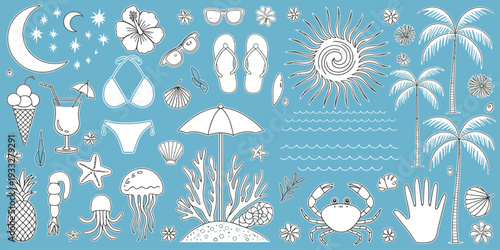 Whimsical Boho Summer Beach Doodle Collection with Tropical Palm Trees, Cocktails, Sea Animals, Sun, Bikini, Seashells and Hibiscus Hand Painted in White on Blue Background