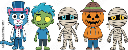 Cute Halloween cartoon characters set featuring cat magician, zombie boy, mummy kids and pumpkin head in costume, colorful vector illustration isolated on white background