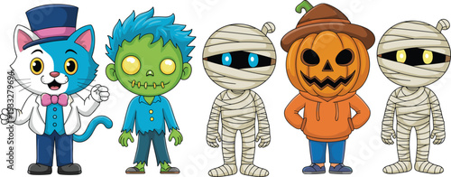 Cute Halloween cartoon characters collection featuring magician cat, zombie kid, mummy children and pumpkin head costume, colorful vector illustration isolated on white background