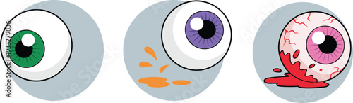 Spooky Halloween eyeball set with green, purple and bloody pink eyes, cartoon horror vector illustration isolated on white background for creepy design