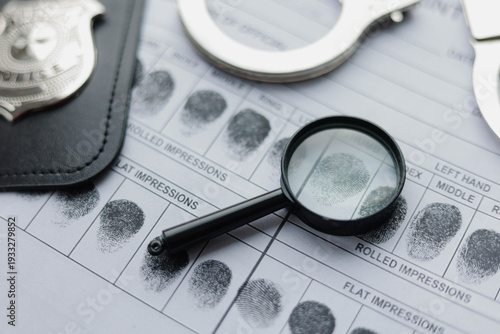Checking fingerprint card with a magnifying glass. Crime investigation, biometric identification and law enforcement tools.