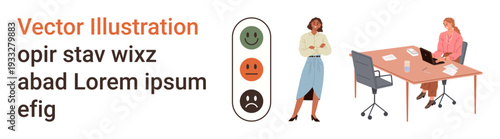 Feedback evaluation, workplace communication, decision-making, teamwork, employee performance, human relations. Professionals discussing near a desk and feedback icons. Feedback evaluation