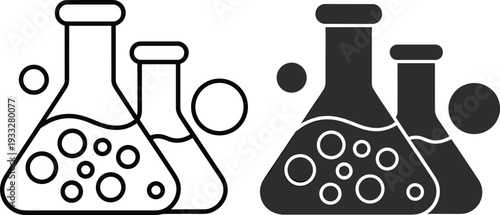 Laboratory flask and beaker chemistry icon set, scientific experiment equipment, outline and solid vector illustration for research and education design