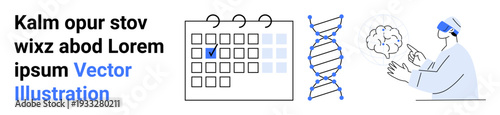 Technology, genetics, research, virtual reality, future innovations, education. Calendar with a marked date, DNA strand and scientist in VR goggles. Research and future innovations concepts
