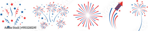 Collection of decorative firework icons, red white and blue stars and streamers, fourth of july holiday ornaments