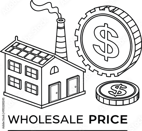 Factory Building with Smoke Stack and Dollar Coins for Wholesale Price Concept