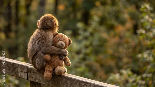 Fototapeta na wymiar Young monkey cuddling a teddy bear, cute animal companionship and comfort concept, digital illustration
