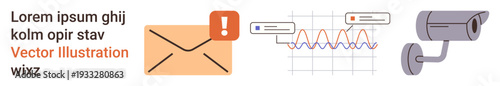 Email alerts, cybersecurity, data tracking, surveillance, security monitoring, digital notifications. An envelope with notification icon, graph with data points and security camera. Cybersecurity