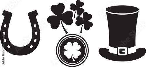 "Lucky shamrock and four-leaf clover icon set for St. Patrick's Day celebration vector illustration"
