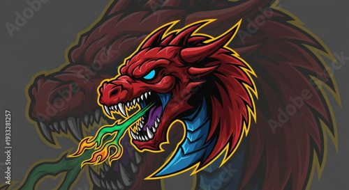 Fierce dragon head with sharp teeth breathing fire on transparent background