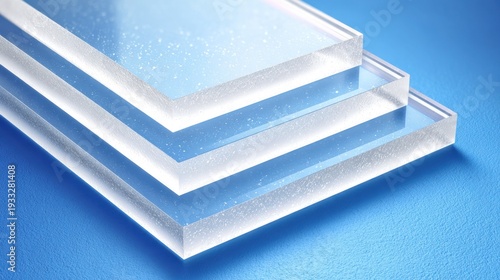 Stack of clear rigid rectangular material sheets rests upon a textured blue surface.