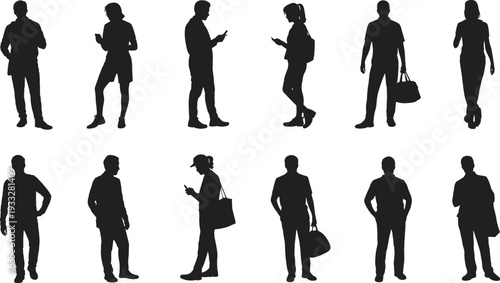 Business people silhouettes using smartphones and carrying bags standing and walking isolated on white background professional men and women collection illustration