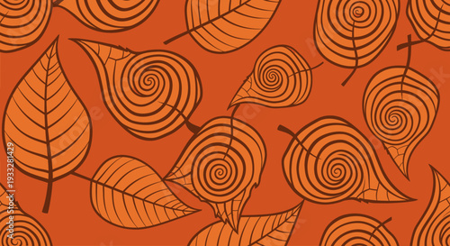 Autumnal pattern with stylized spiral leaf designs on an orange background