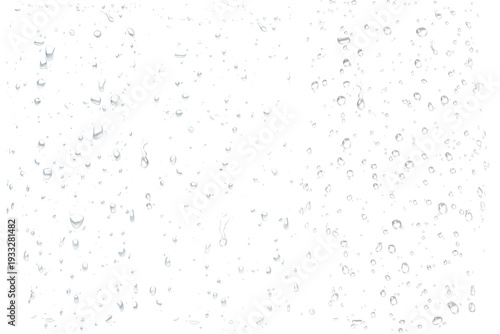 Raindrops on Glass: Close-up macro of water droplets on windowpane, abstract transparent background